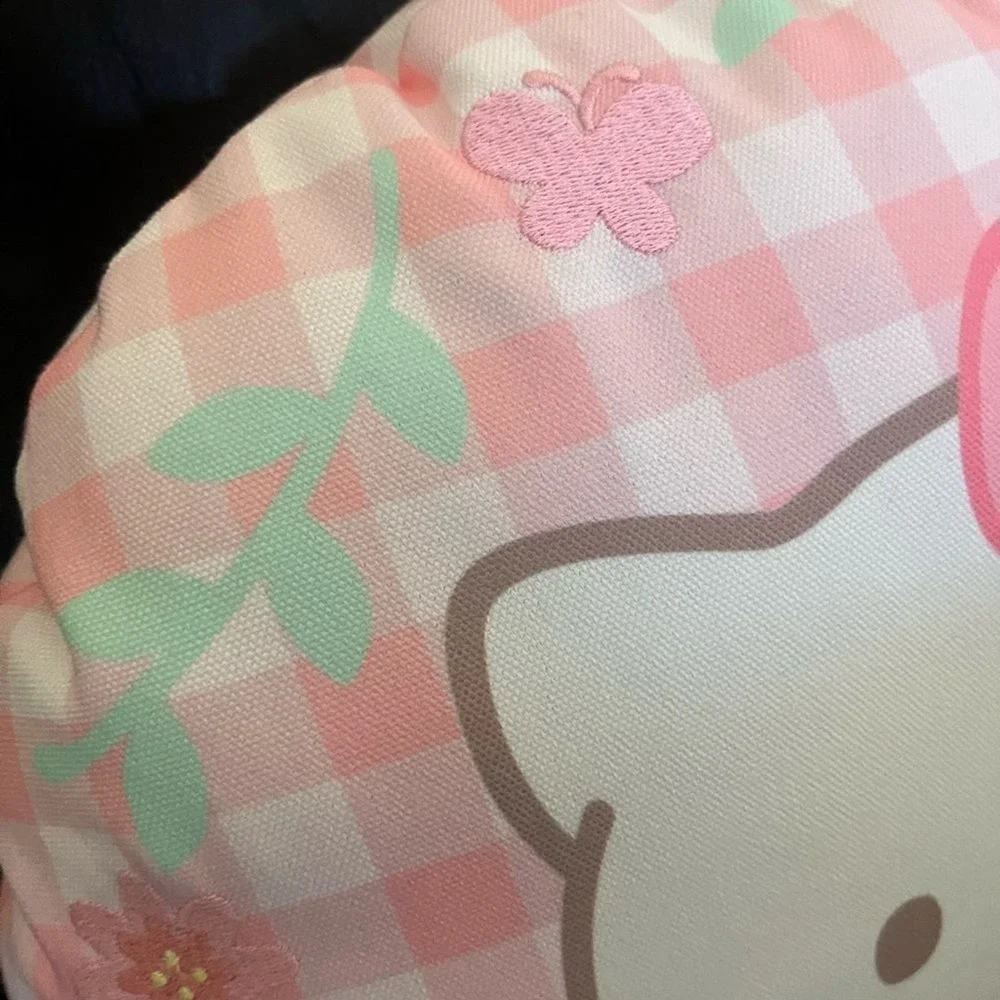 Hello Kitty Pink and White Plaid Cushion Pillow Easter Eggs Embroidered Flowers